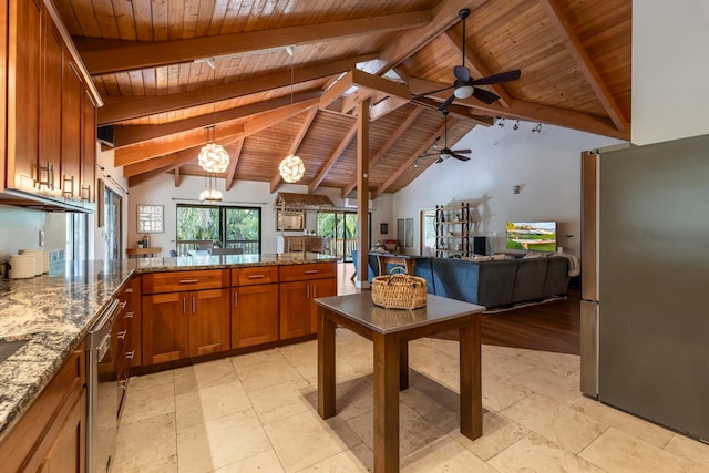 kitchen featuring wooden ceiling, beamed ceiling, light tile floors, dark stone countertops, and ceiling fan