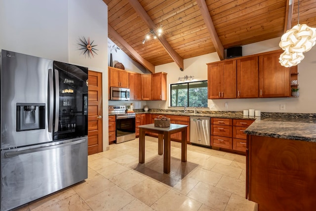 kitchen featuring appliances with stainless steel finishes, hanging light fixtures, dark stone counters, beam ceiling, and wood ceiling