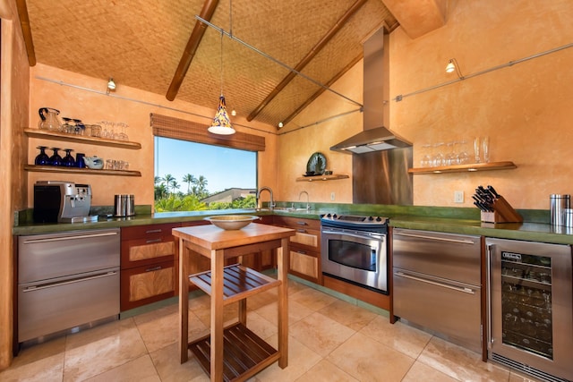 kitchen featuring stainless steel electric stove, vaulted ceiling, range hood, brick ceiling, and beverage cooler