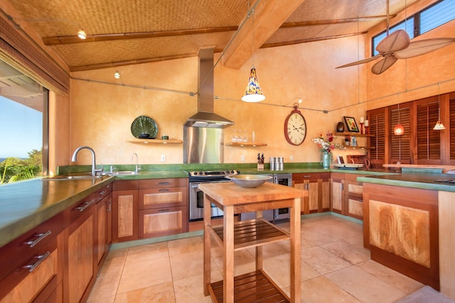 kitchen featuring ceiling fan, sink, beamed ceiling, electric stove, and exhaust hood