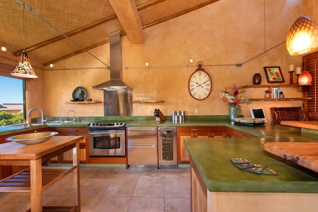 kitchen with stove, exhaust hood, vaulted ceiling with beams, light tile patterned floors, and beverage cooler