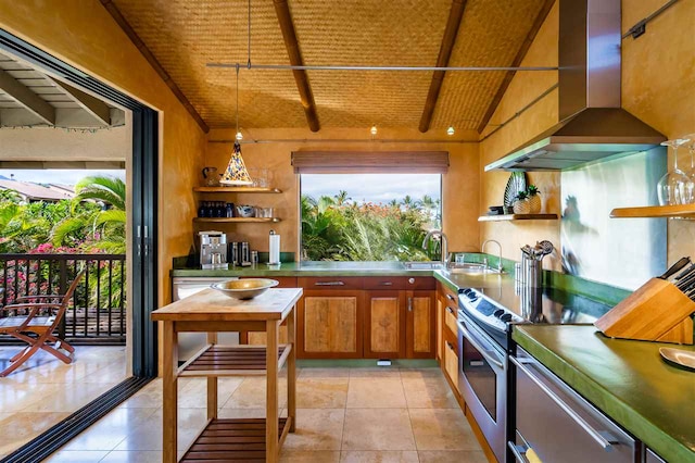 kitchen featuring wall chimney exhaust hood, stainless steel electric range oven, hanging light fixtures, and wooden ceiling