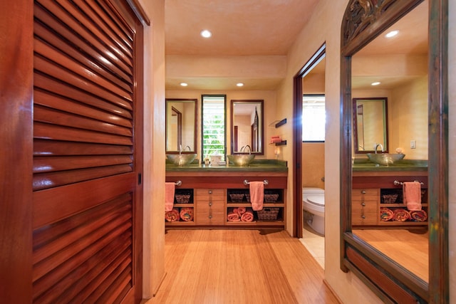 bathroom with wood-type flooring, vanity, and toilet