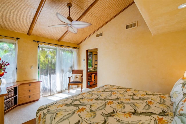 bedroom with light carpet, high vaulted ceiling, ceiling fan, and wood ceiling