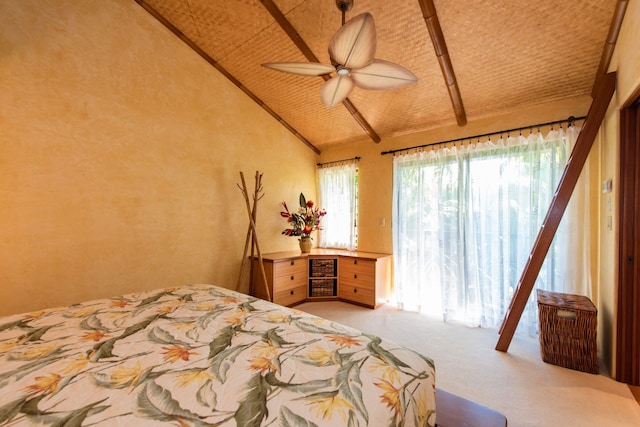 bedroom with light carpet, high vaulted ceiling, ceiling fan, and wooden ceiling