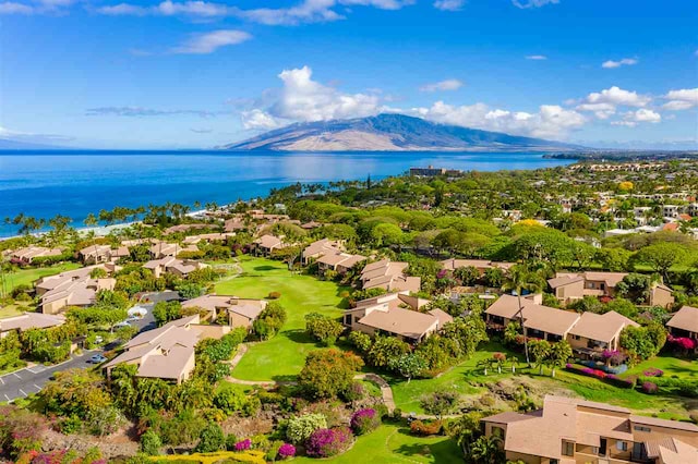 bird's eye view with a water and mountain view