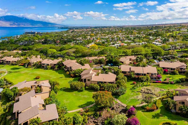 drone / aerial view featuring a water and mountain view