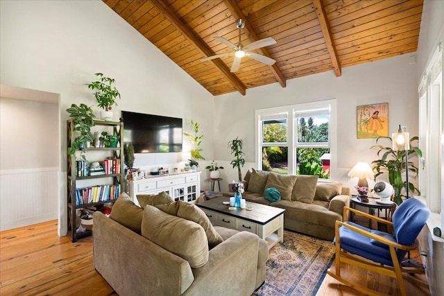 living room featuring a wainscoted wall, high vaulted ceiling, ceiling fan, wood-type flooring, and wood ceiling
