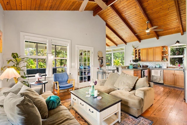 living area featuring light wood-type flooring, high vaulted ceiling, wooden ceiling, beamed ceiling, and a ceiling fan