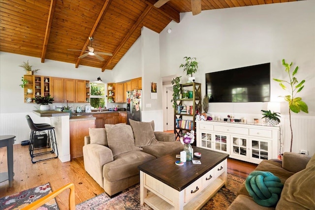 living area featuring light wood-style flooring, wooden ceiling, wainscoting, ceiling fan, and beam ceiling