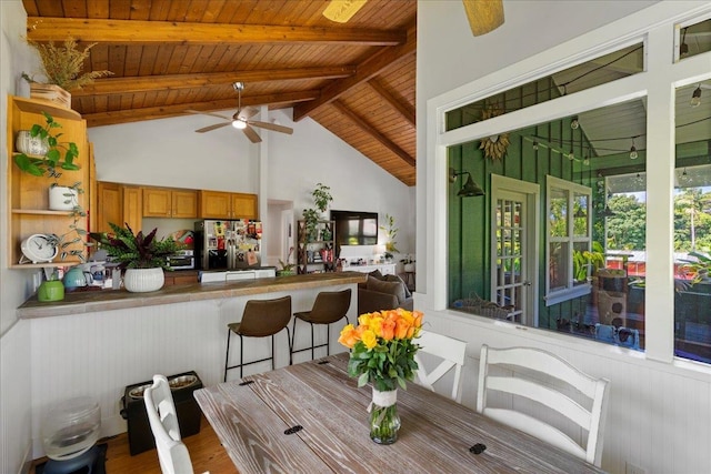 interior space featuring lofted ceiling with beams, ceiling fan, wooden ceiling, and wood finished floors