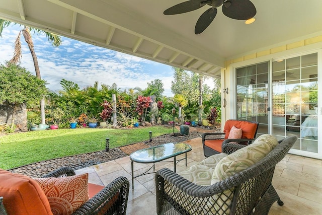 view of patio / terrace with an outdoor living space and ceiling fan