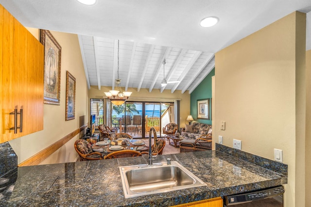 kitchen with sink, lofted ceiling with beams, a chandelier, black dishwasher, and hanging light fixtures