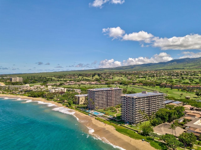 aerial view featuring a beach view and a water view