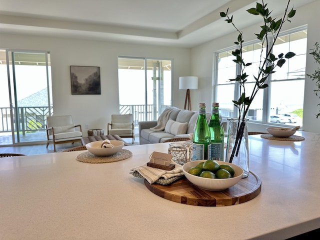 living room with a tray ceiling