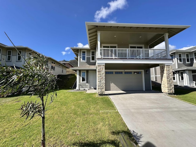 view of front of house with a balcony, a garage, concrete driveway, stone siding, and a front lawn