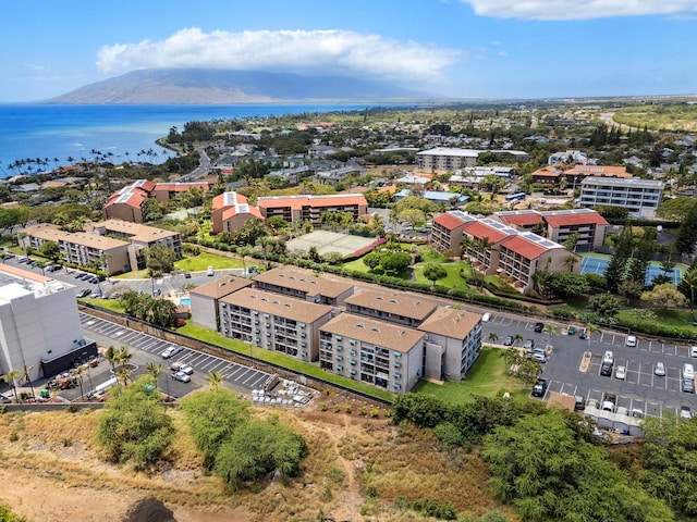 bird's eye view featuring a water and mountain view