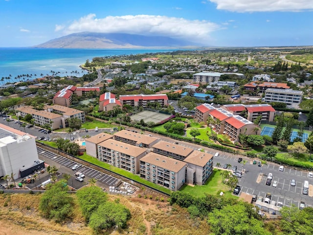 bird's eye view featuring a water and mountain view