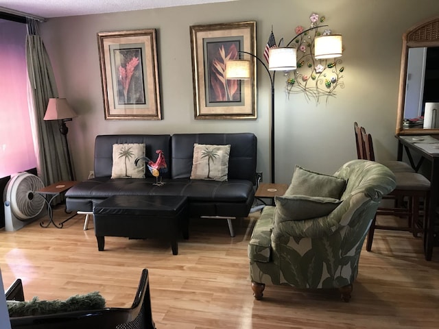 living room with wood-type flooring and a textured ceiling