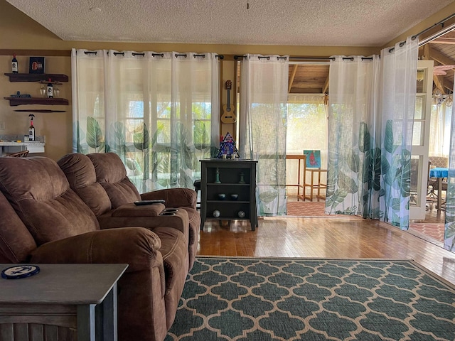 living room featuring a textured ceiling and hardwood / wood-style flooring