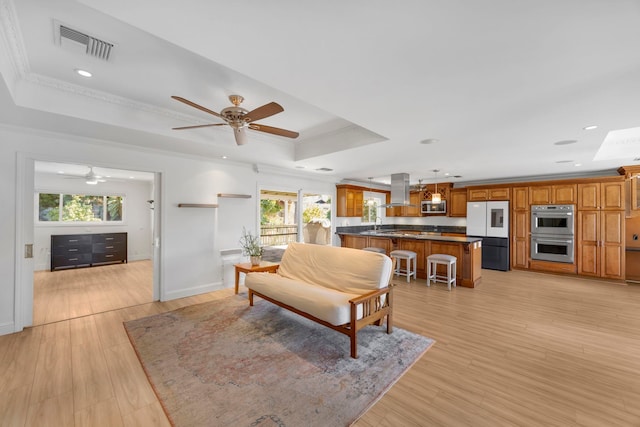 living room with light hardwood / wood-style floors, a healthy amount of sunlight, a raised ceiling, and ornamental molding