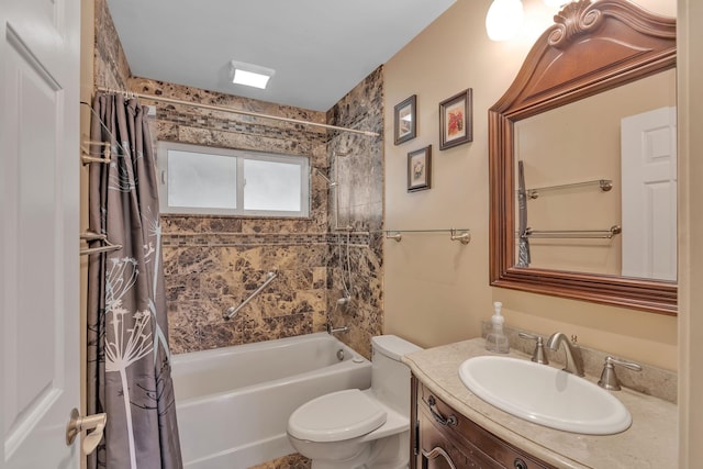 full bathroom featuring vanity, shower / tub combo, and toilet