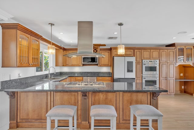 kitchen featuring a breakfast bar, sink, island exhaust hood, and appliances with stainless steel finishes