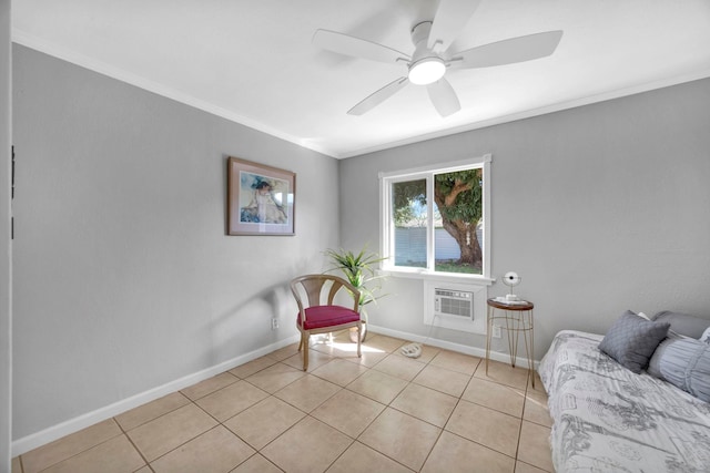 living area featuring a wall mounted AC, ceiling fan, light tile patterned flooring, and ornamental molding