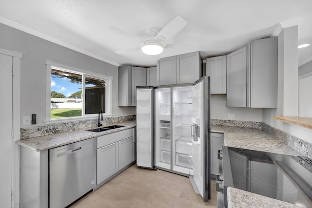 kitchen with gray cabinetry, ceiling fan, dishwasher, sink, and white refrigerator with ice dispenser