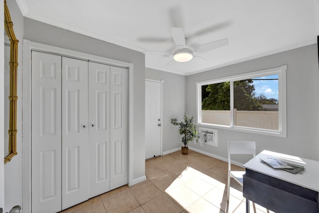 tiled office with a wall mounted air conditioner, ceiling fan, and crown molding