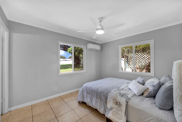 tiled bedroom featuring a wall unit AC, ceiling fan, and ornamental molding