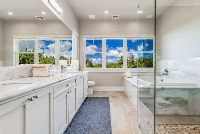 full bathroom featuring wood-type flooring, vanity, toilet, and plenty of natural light