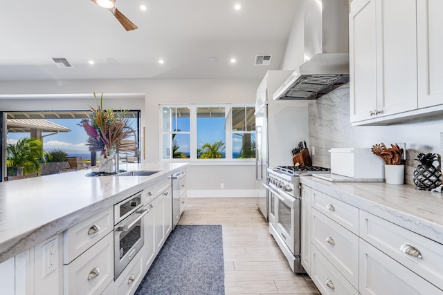 kitchen featuring white cabinetry, a healthy amount of sunlight, wall chimney exhaust hood, and stainless steel appliances