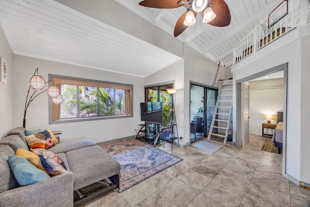 3788 Lower Honoapiilani Rd Unit A211, Lahaina, HI 96761 - living room with ceiling fan, beam ceiling, high vaulted ceiling, baseboards, and wood ceiling