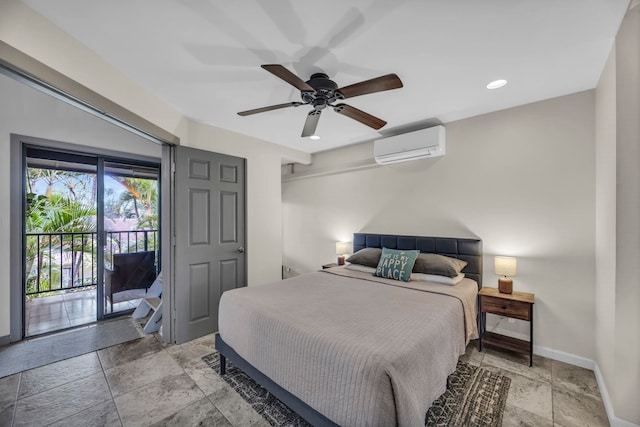 3788 Lower Honoapiilani Rd Unit A211, Lahaina, HI 96761 - bedroom with a wall mounted AC, access to outside, baseboards, a ceiling fan, and stone tile flooring
