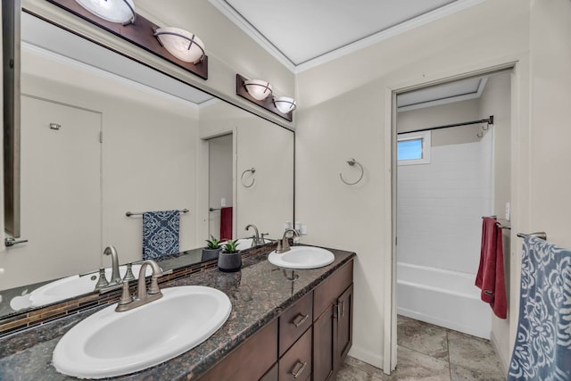 3788 Lower Honoapiilani Rd Unit A211, Lahaina, HI 96761 - bathroom featuring crown molding, double vanity, baseboards, and bathing tub / shower combination
