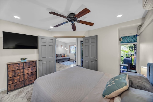 3788 Lower Honoapiilani Rd Unit A211, Lahaina, HI 96761 - bedroom featuring light marble finish floors, recessed lighting, a wall unit AC, and a ceiling fan