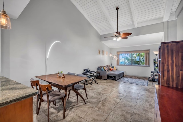 3788 Lower Honoapiilani Rd Unit A211, Lahaina, HI 96761 - dining space featuring a ceiling fan, beamed ceiling, and high vaulted ceiling
