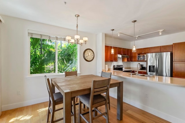 dining space featuring light wood finished floors, baseboards, track lighting, and an inviting chandelier