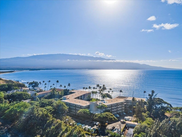 bird's eye view with a water and mountain view