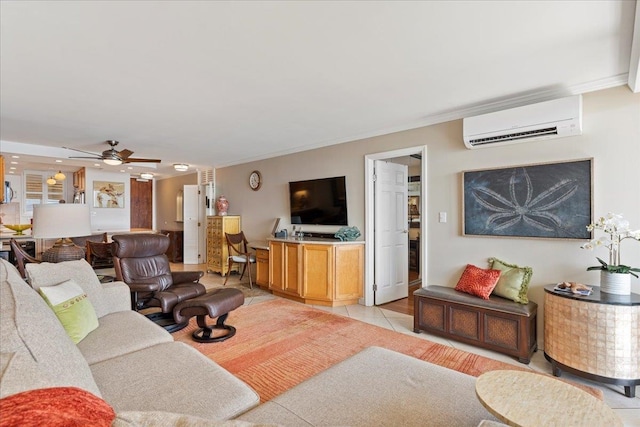 living room featuring ceiling fan, crown molding, light tile flooring, and a wall mounted air conditioner