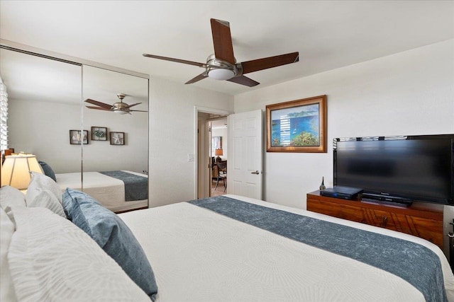 bedroom featuring ceiling fan and a closet