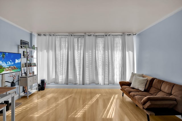 living room featuring light wood-type flooring and ornamental molding