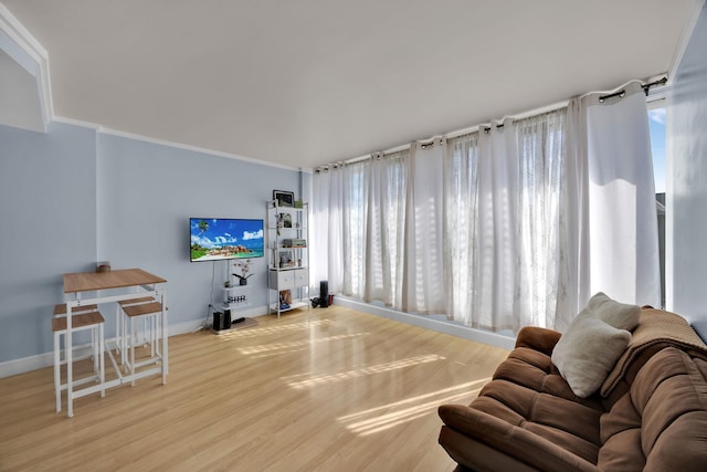 living room featuring hardwood / wood-style floors, a healthy amount of sunlight, and ornamental molding