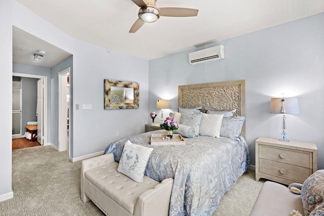 carpeted bedroom featuring a wall mounted AC and ceiling fan