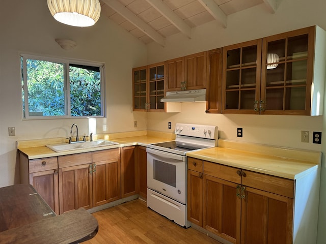 kitchen with sink, lofted ceiling with beams, wooden ceiling, light hardwood / wood-style floors, and white electric range