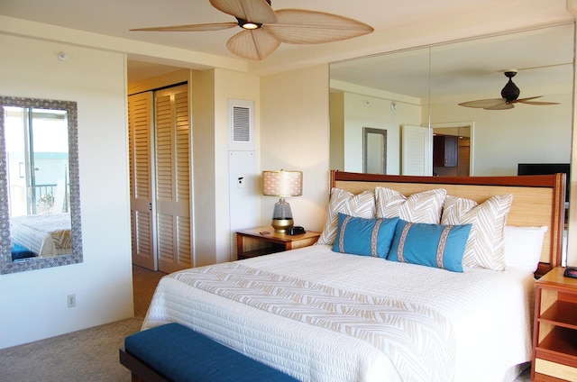 bedroom featuring ceiling fan and carpet floors