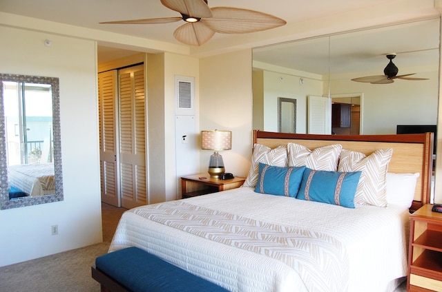 carpeted bedroom featuring ceiling fan