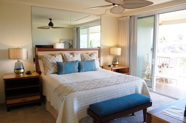 bedroom with access to exterior and ceiling fan