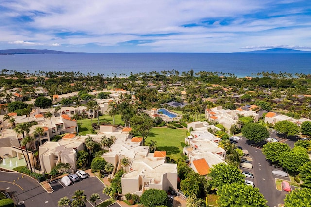 drone / aerial view featuring a water and mountain view